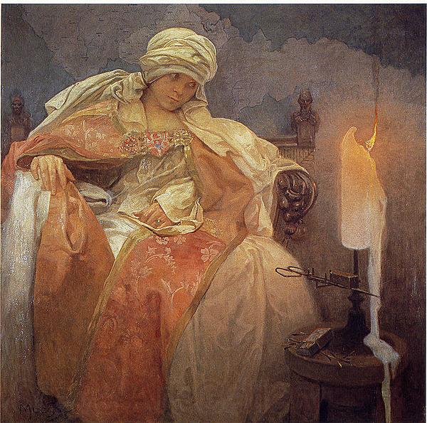 Alphonse Mucha Woman With a Burning Candle Norge oil painting art